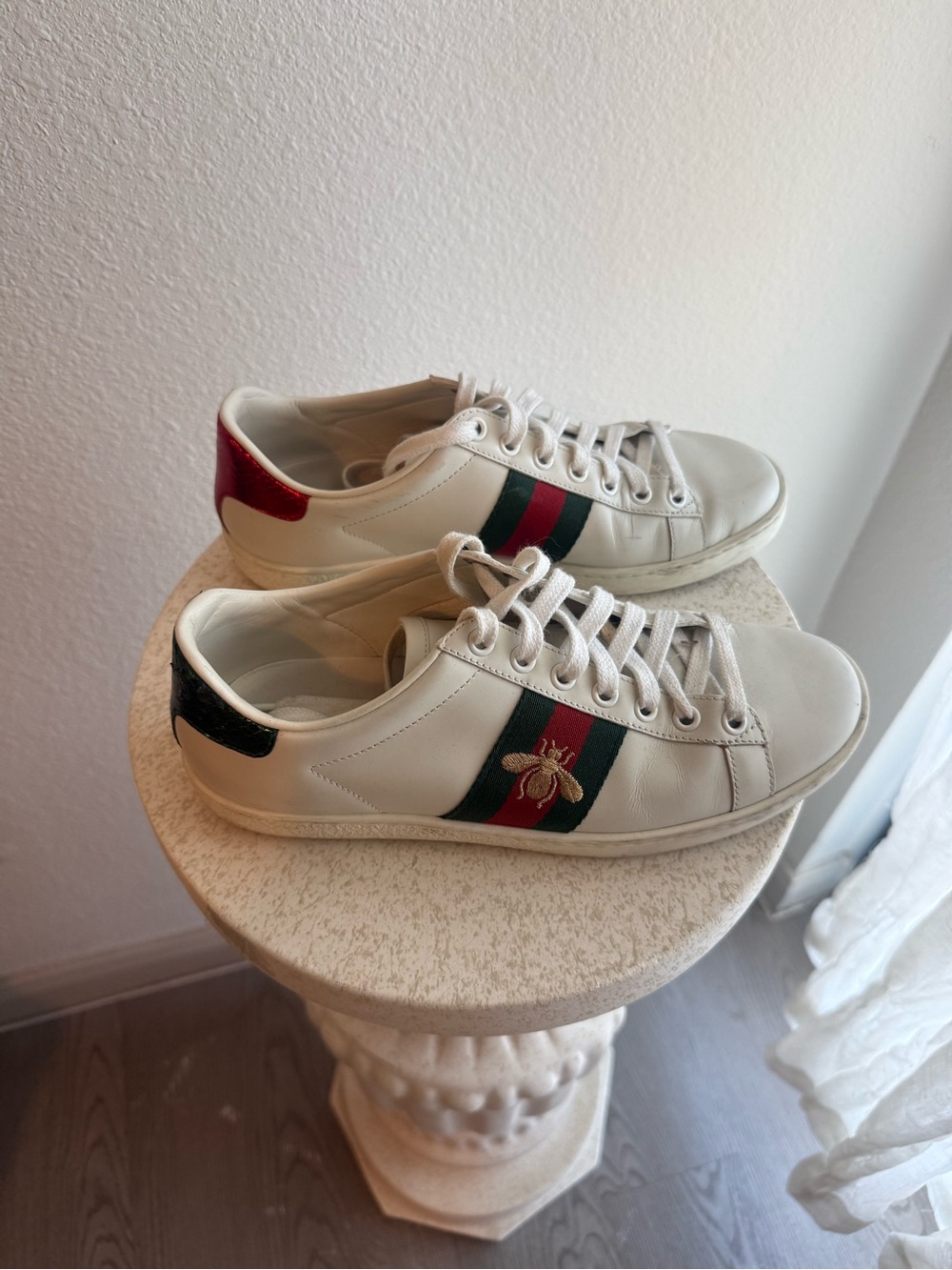 Gucci White Leather Sneakers with Red and Green Web and Bee Embroidery